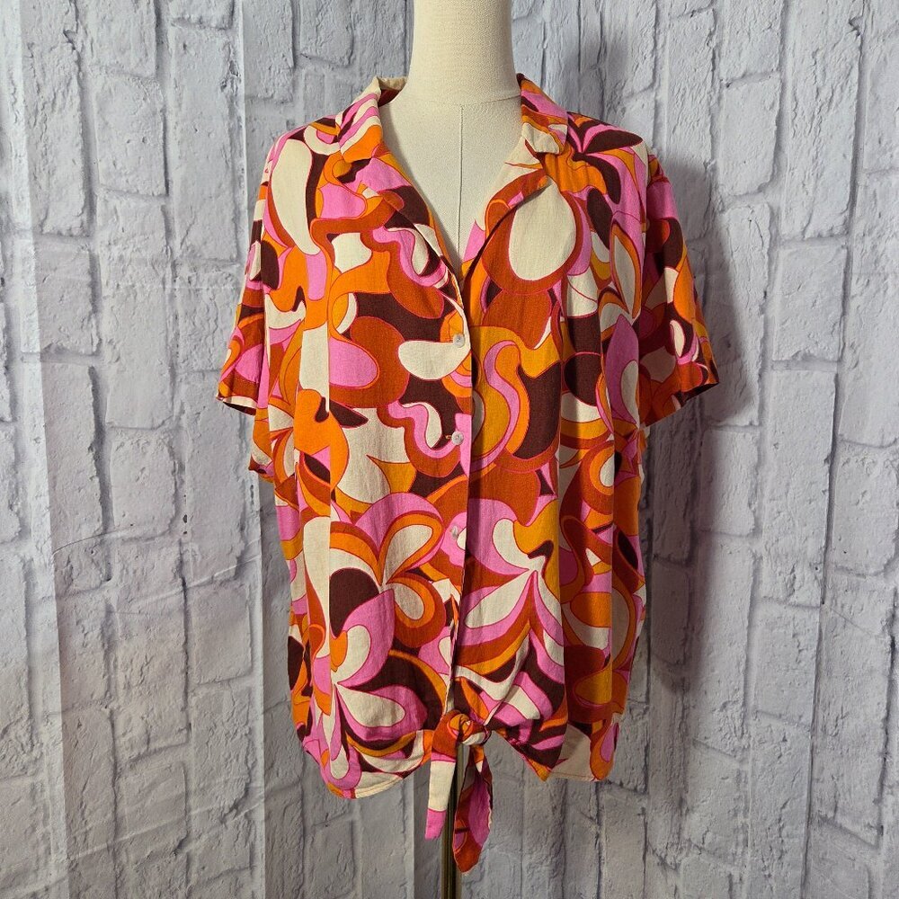 Ava & Viv 2X Pink Brown Abstract Paisley Button Front Tie Hem Linen Blend Blouse